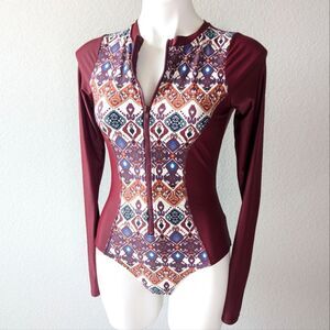 Maroon Patterned Long Sleeve Women's Swim Suit